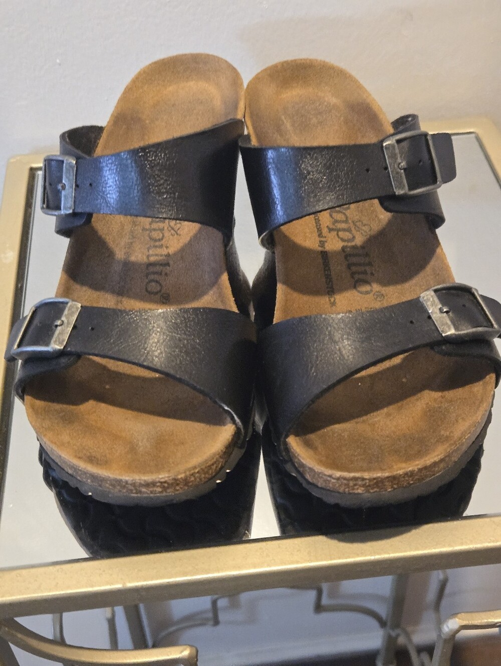 Papillio Birkenstock Black Cork Wedge Sandals Two Strap Slides Women 6.5 EU 37